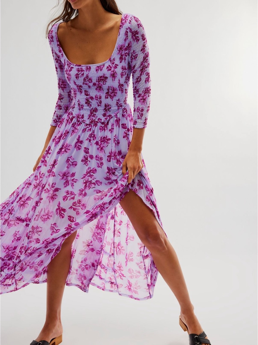 Free People Lilac Floral Maxi Dress with Smocked Bodice
